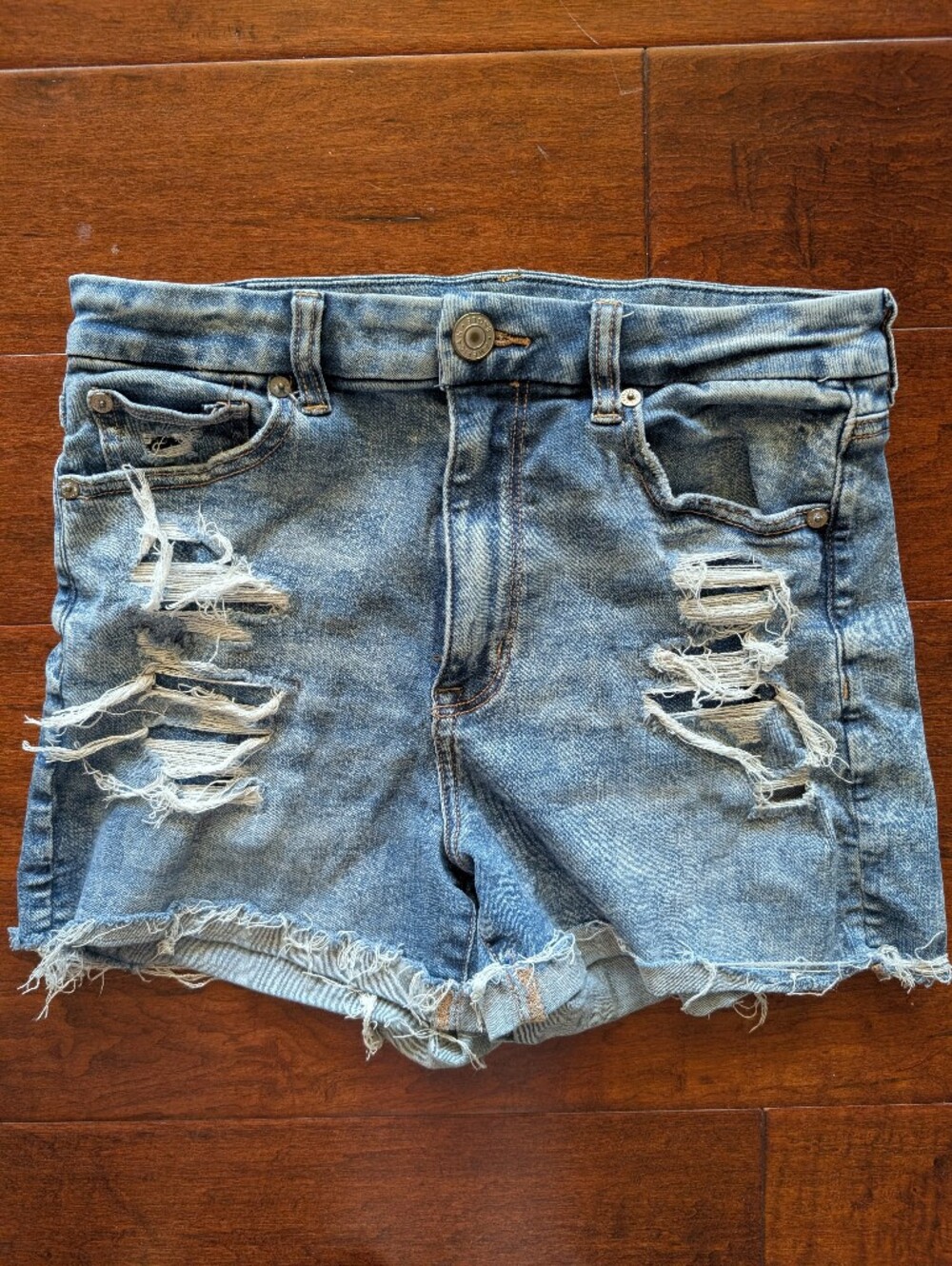 American Eagle Next Level Stretch Distressed Light Blue Denim Shorts